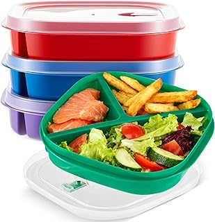 Hushee 4 Pcs Microwave Food Storage Tray Containers with Ventilation Lids 3 Compartment Square Divided Plates BPA-Free Portion Plate Fits Microwave Refrigerator-8.7 x 8.7 x 2.0 Inches
