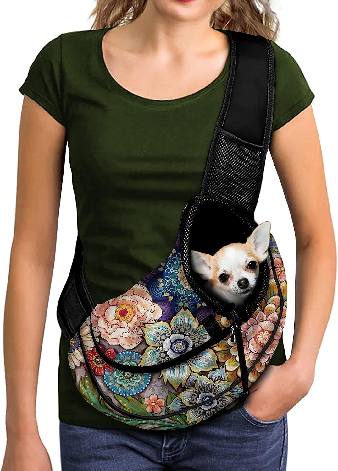 FUSURIRE Mandala Flowers Pet Dog Sling Carrier Colorful Puppy Sling Bag Small Cats Sling Boho Style Adjustable Strap Breathable Mesh Pet…