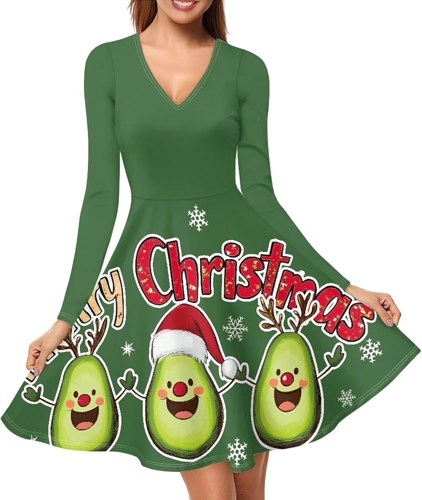 QUJUFOZY Avocado Green Dresses Christmas Costumes for Women Christmas Costumes V Neck Dress Tshirt Dress Women Elegant Casual Mini Swing A Line T Shirt Dress Women's Party Christmas Sexy -S