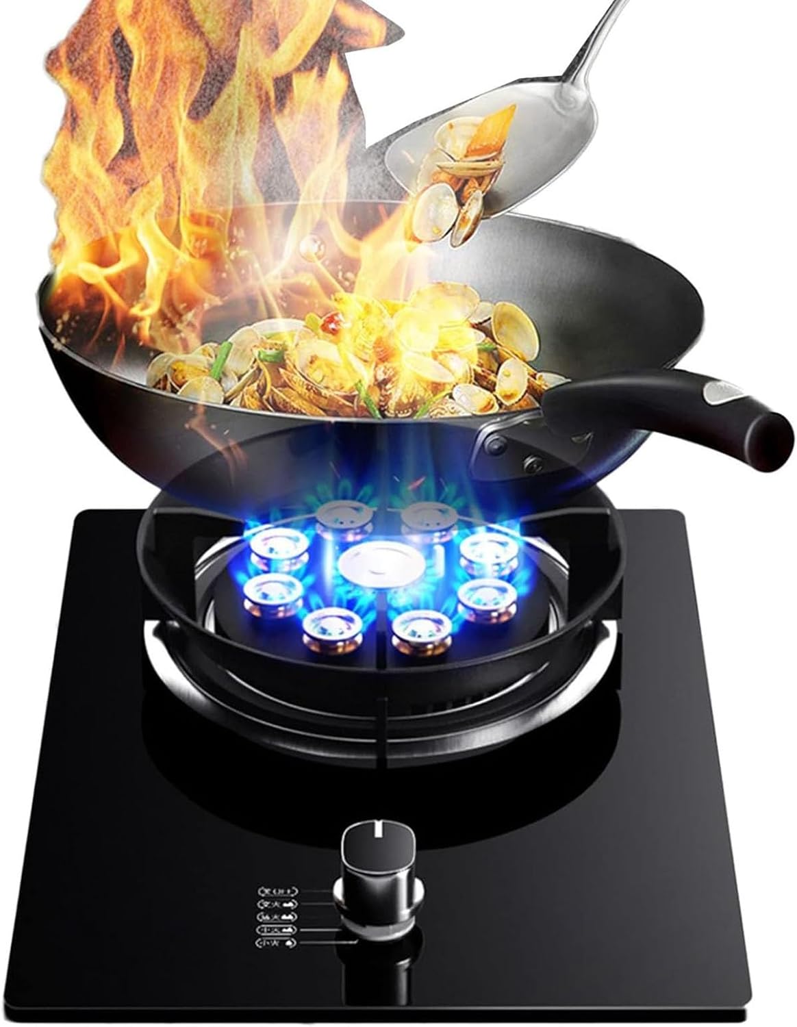 5.2KW 1 Burner Gas Stove - 9-cavity Hob Camping Cooker, with Flameout Protection, Tempered Glass Cast Iron Pot Support, Easy To Clean(LPG)(NG)