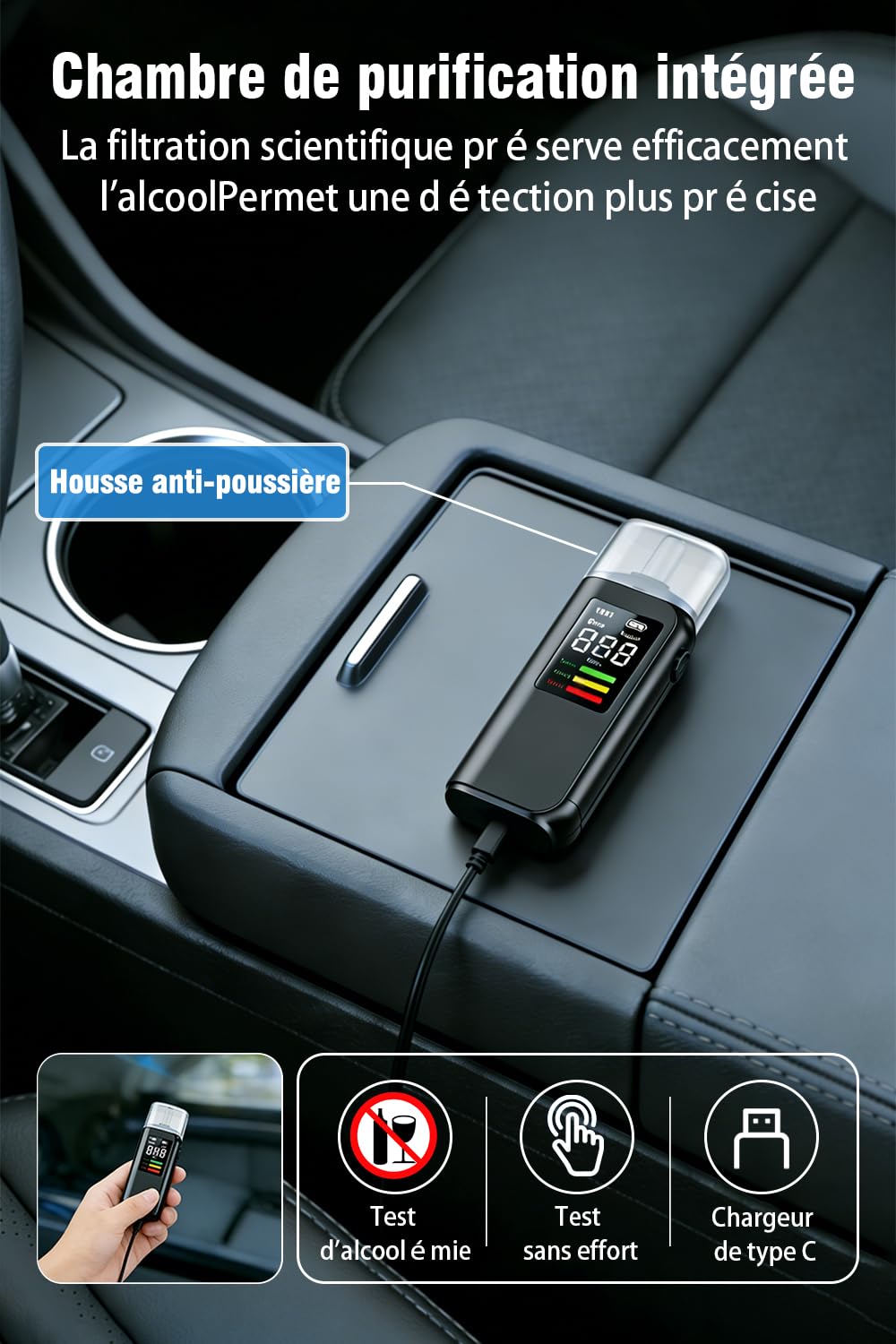 Alcootest Ethylotest Electronique, HD LED d'Affichage Numérique, Charge Type-C, Capteur Haute précision, Deux méthodes de test, Avec 8 embouts, pour un usage personnel, domestique et professionnel