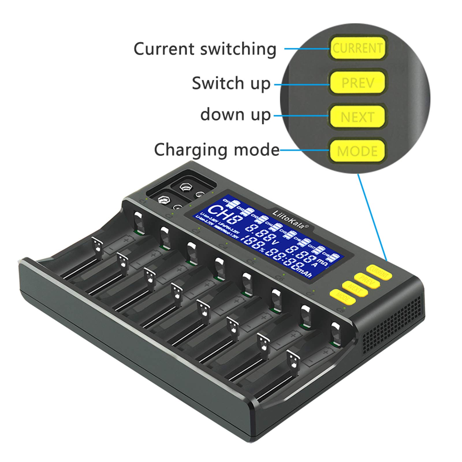 docooler LiitoKala LII-S8 Caricabatteria Li-Ion 3.7V NiMH 1.2V Li-FePO4 3.2V IMR 3.8V Caricatore per 18650 26650 21700 26700 AA AAA