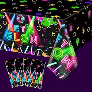 4 Pack Glow in the Dark Tablecloths, Neon Plastic Table Covers for Let's Glow Party Decorations Black Light Birthday Party Supplies, 51 x 86 inch