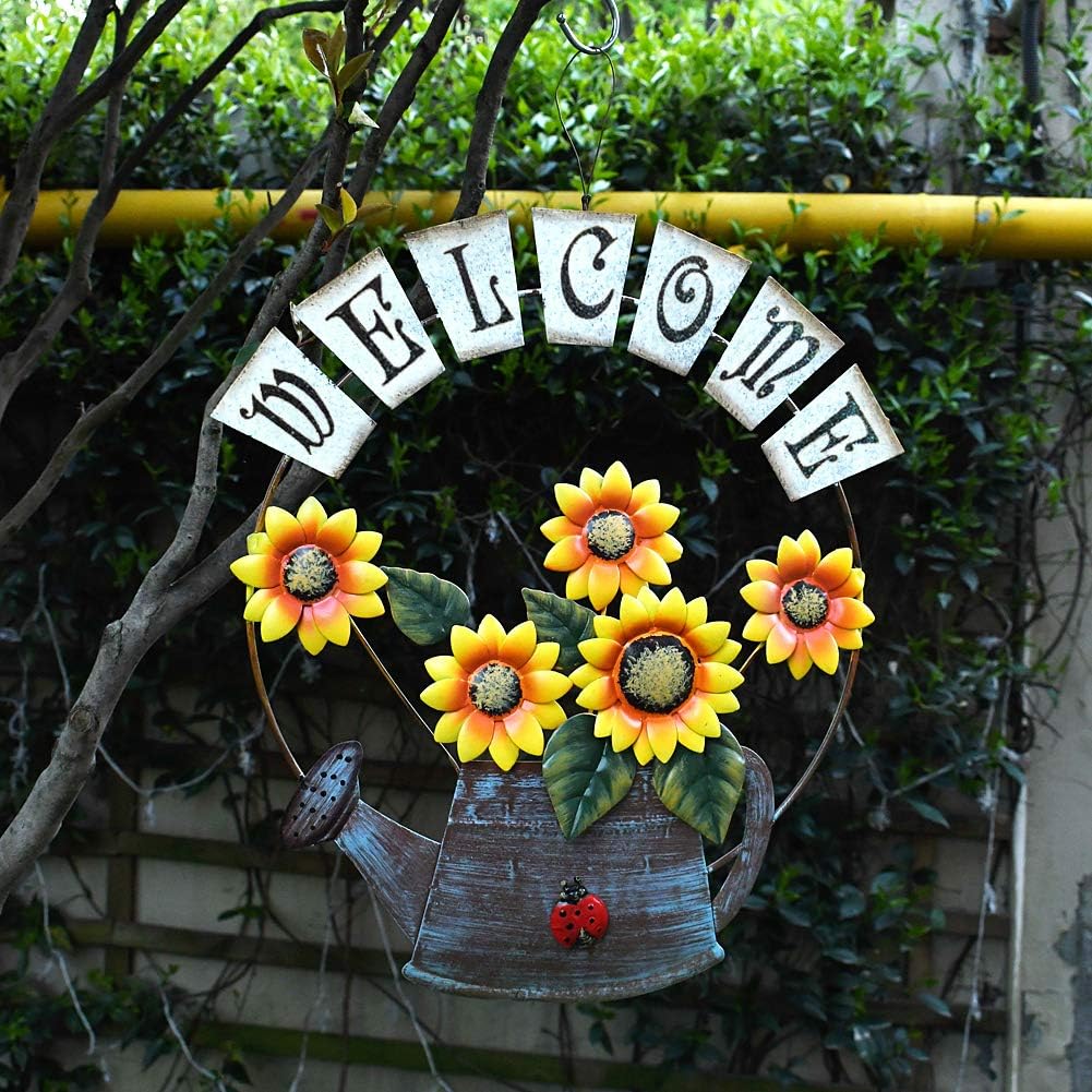 E-view Sunflower Welcome Sign Decorative Vintage Metal Wall Hanging Home Garden Decor - Welcome Plaque for Front Door, Garden Themed Sunflower & Can