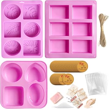 3Pcs Silicone Soap Molds for Soap Making with 50 Bags, 50 Tags, 66Ft Jute Twine, Round Square Oval Flower Soap Making Molds