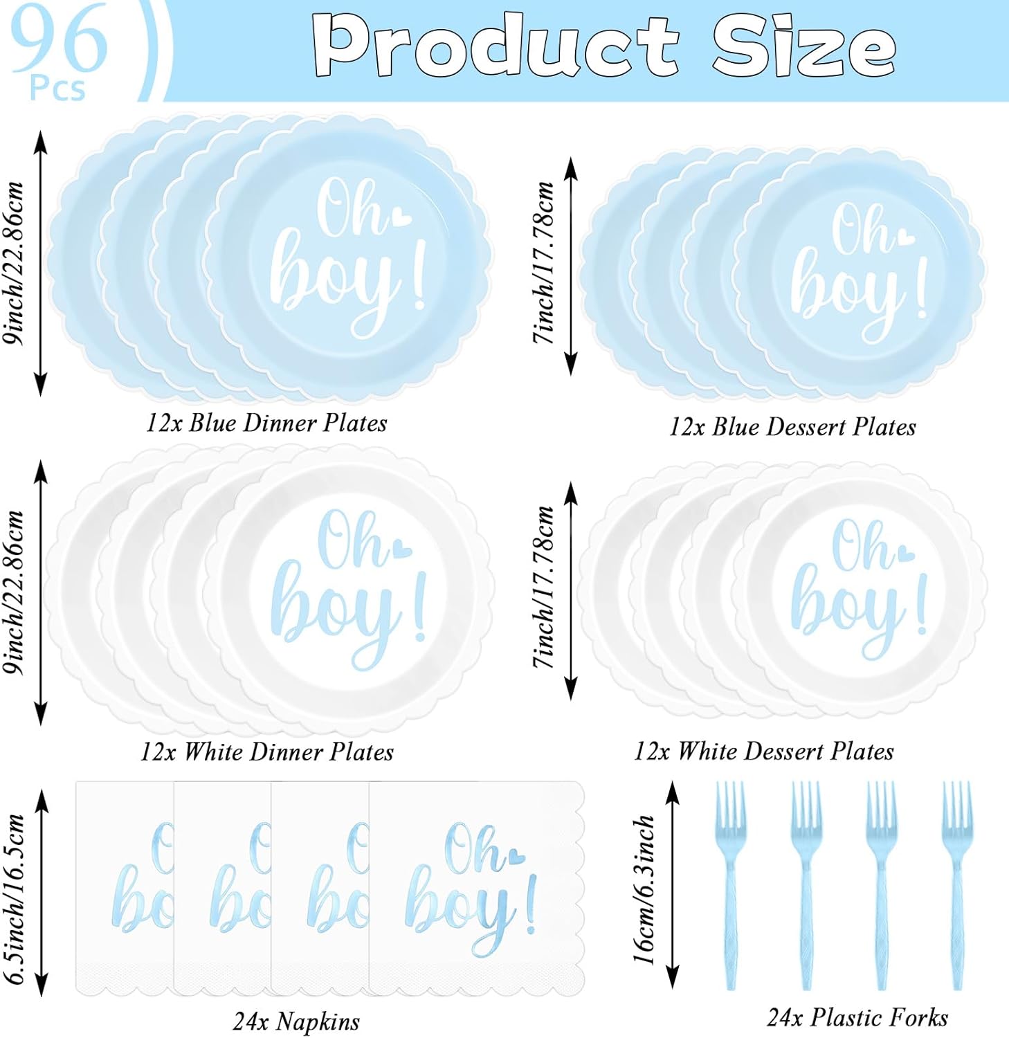 96PCS Oh Boy Baby Shower Decorations Blue Foil Scalloped Paper Plates Napkins Oh Boy Tableware Party Supplies Blue Baby Shower Dinnerware for Gender Reveal Birthday Welcome Party Favors - Image 2