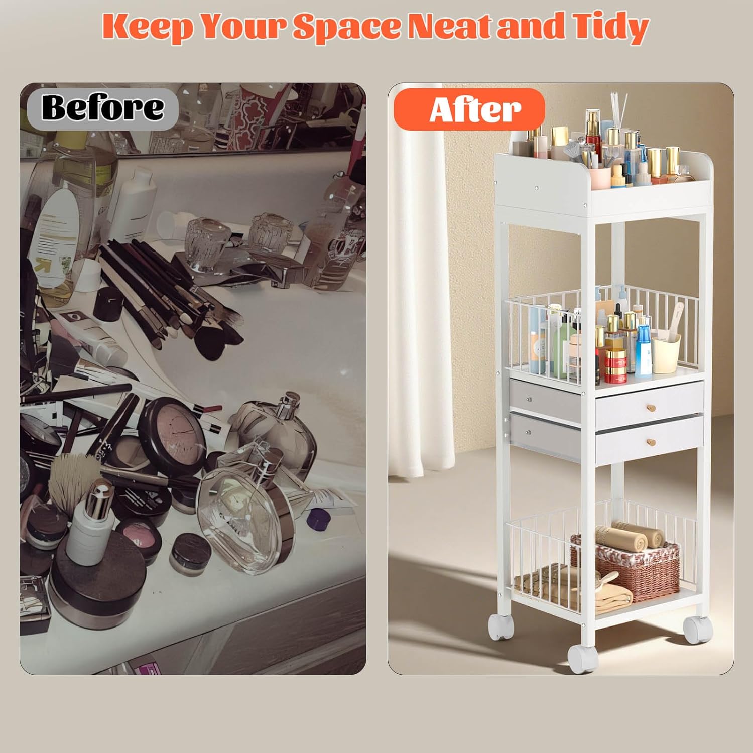 Makeup Organizer Storage Cart, Large Skincare Organizers, 2-Drawer Rolling Floor Skincare Organizer and Storage for Cosmetics/Perfume/Nail Polish, Skin Care Nail Polish Perfume Makeup brush Hair Tool