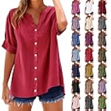 SHAOBGE Summer Tops for Women 2025 Trendy Short Sleeve Cotton Linen Shirt Casual Button v Neck Tunic Blouses Outfits