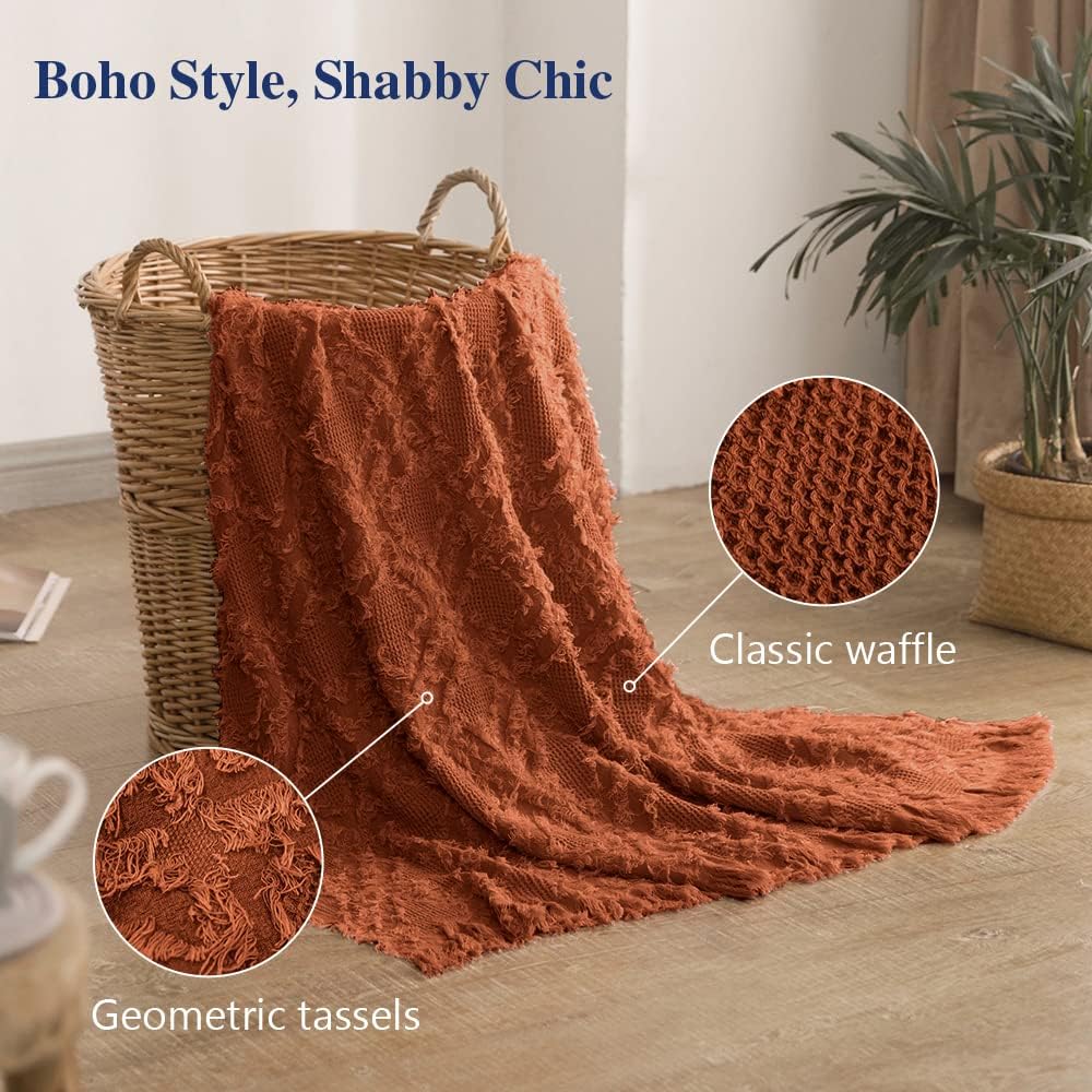 Simple&Opulence Cotton Throw Blanket for Bed, Couch, Boho Textured Geometric Knit Woven Blanket with Tassels Soft, Lightweight Breathable Shabby Chic Farmhouse Decoration for All-Season(Rust Orange)