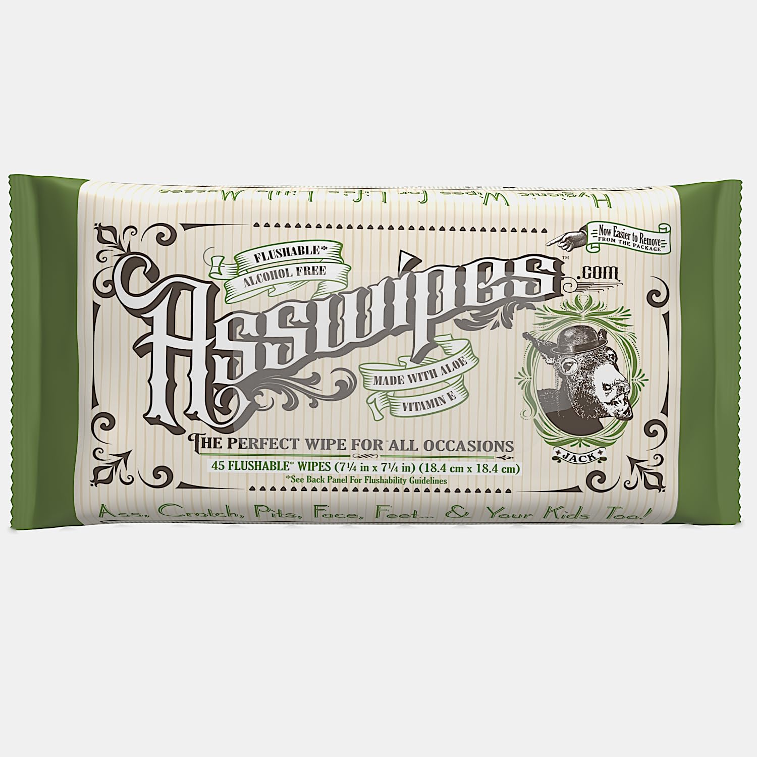 Asswipes Flushable Wipes for Adults (1 Pack) Personal Cleansing Body & Butt Wipes for Men, Women with Aloe and Vitamin E - Made without Alcohol or Fragrance, Funny Stocking Stuffer (45 Wipes)