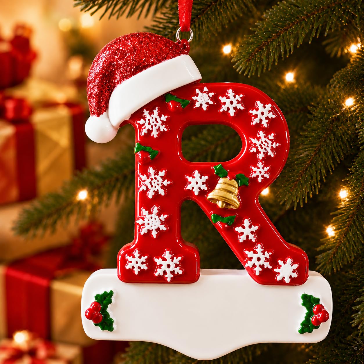 Bemaystar 3D Resin Letter Christmas Ornaments, Hand Painted Initial Christmas Tree Ornaments, Premium Holiday Decoration for Family Christmas Tree Decor, Ornaments for Christmas Tree (R)