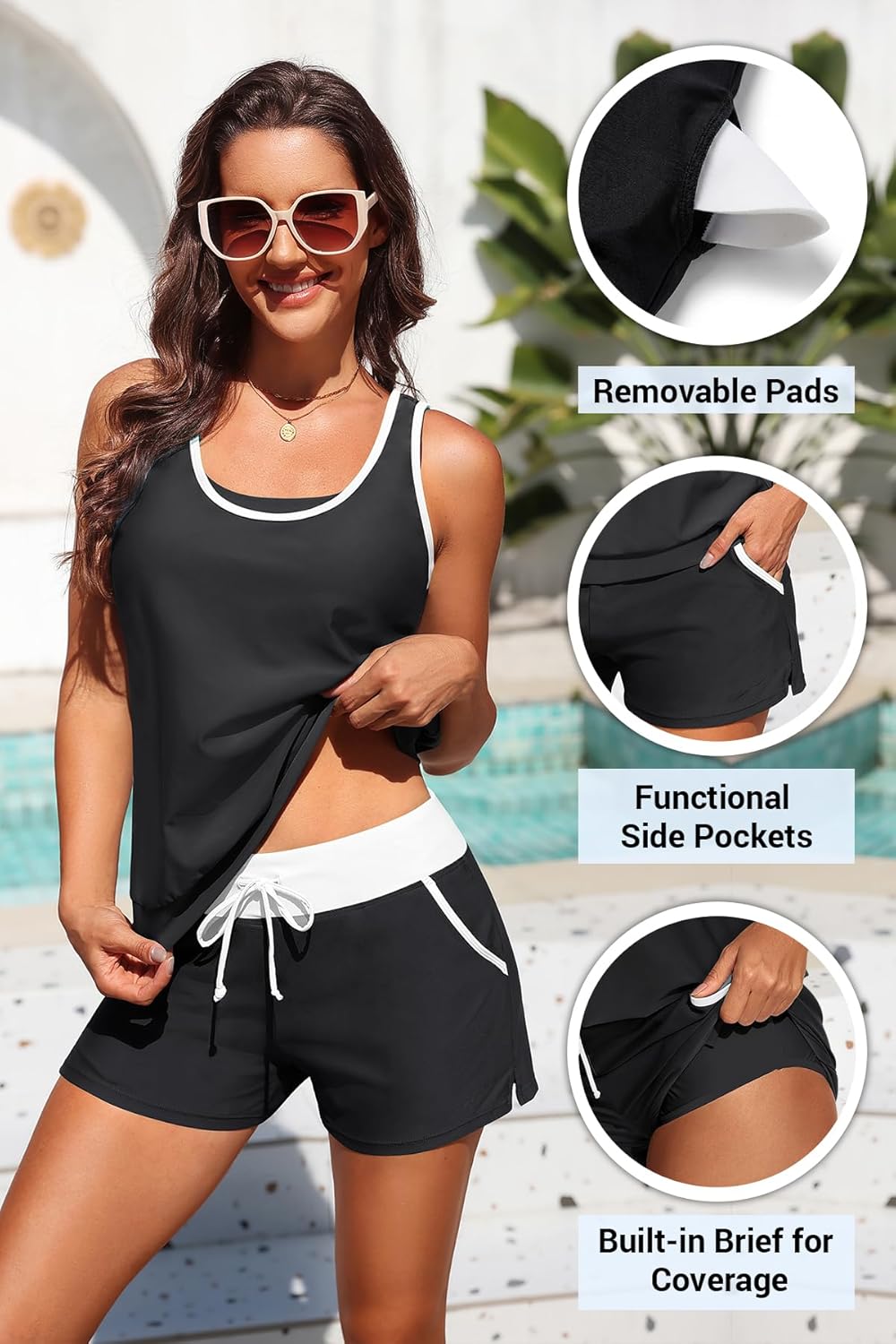 Aqua Eve 3 Piece Tankini Swimsuits for Women - Blouson Bathing Suits Tummy Control Swim Shorts with Sporty Pockets 2026 - Image 6