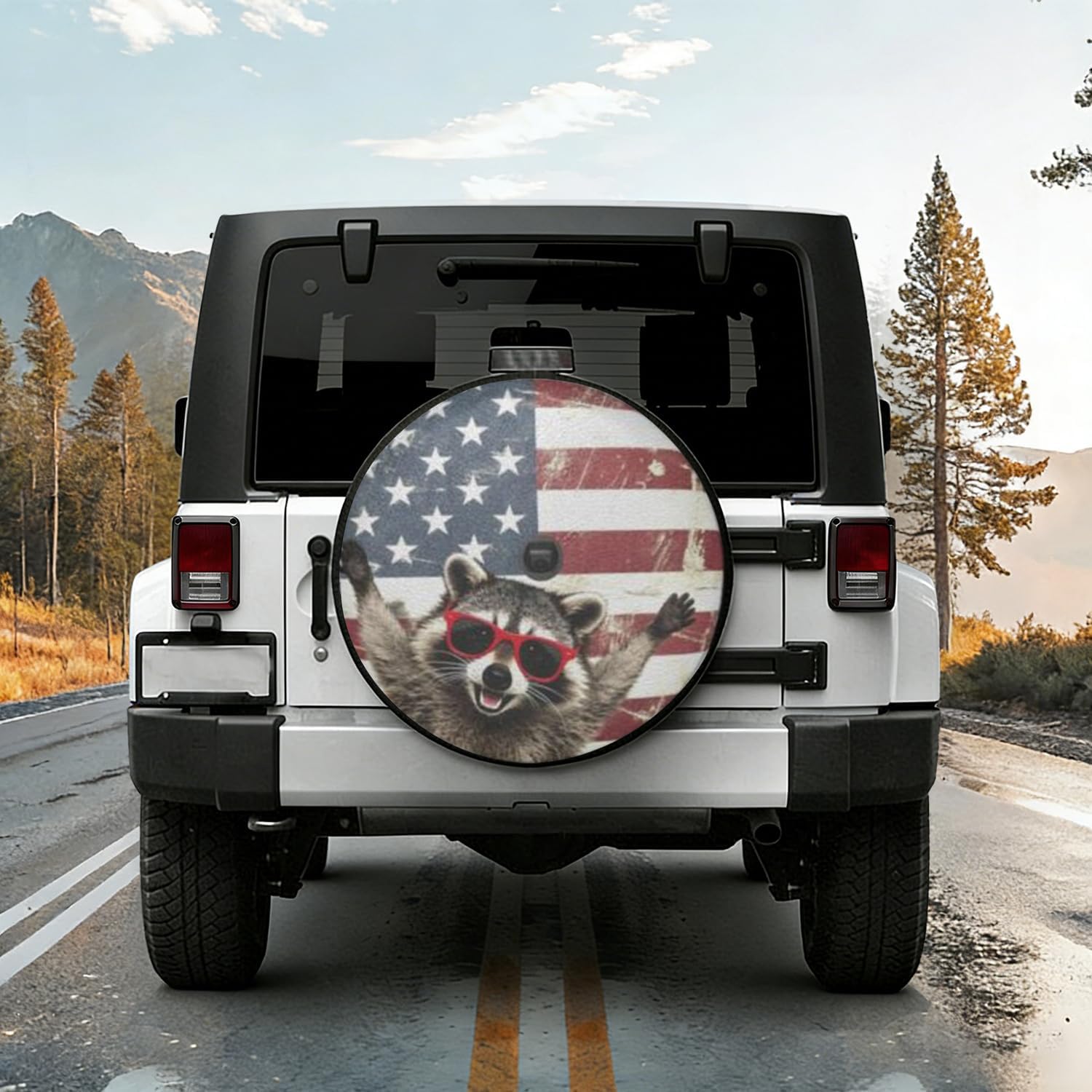 17 Inch Little Raccoon American Flag Leather Spare Tire Cover with Backup Camera Hole Universal Wheel Protector for Wrangler Jl SUV Rv Trailer Camper Truck