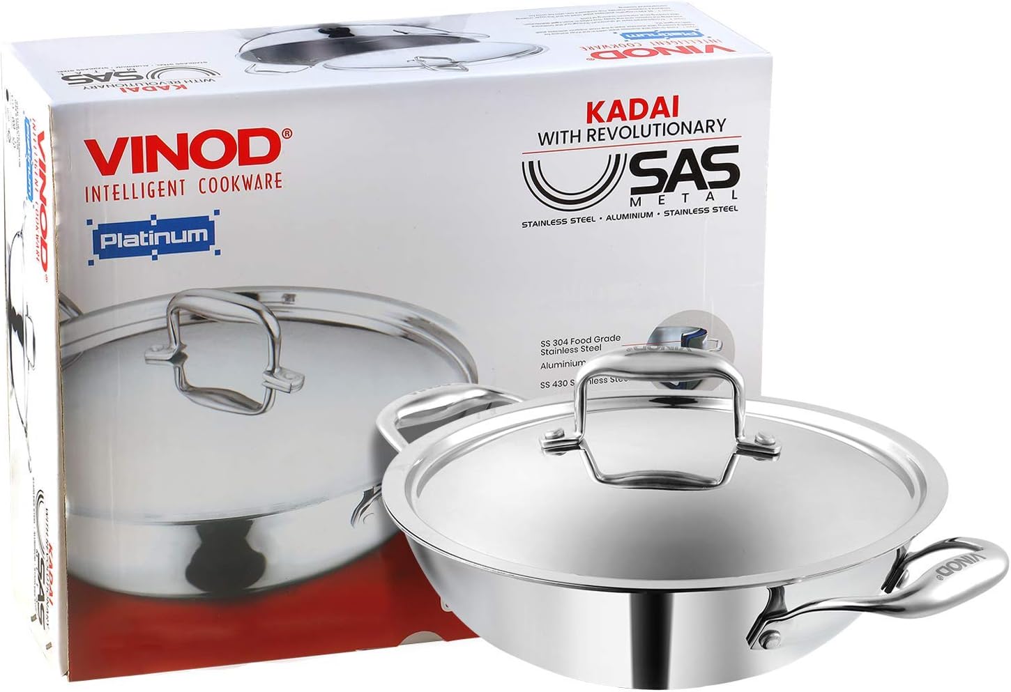Vinod Cookware Food Grade 3.7 Litre Induction Friendly Platinum (TRI PLY) 18/8 Stainless Steel Kadai with Stainless Steel Lid (28cm, 3.7 Litre)