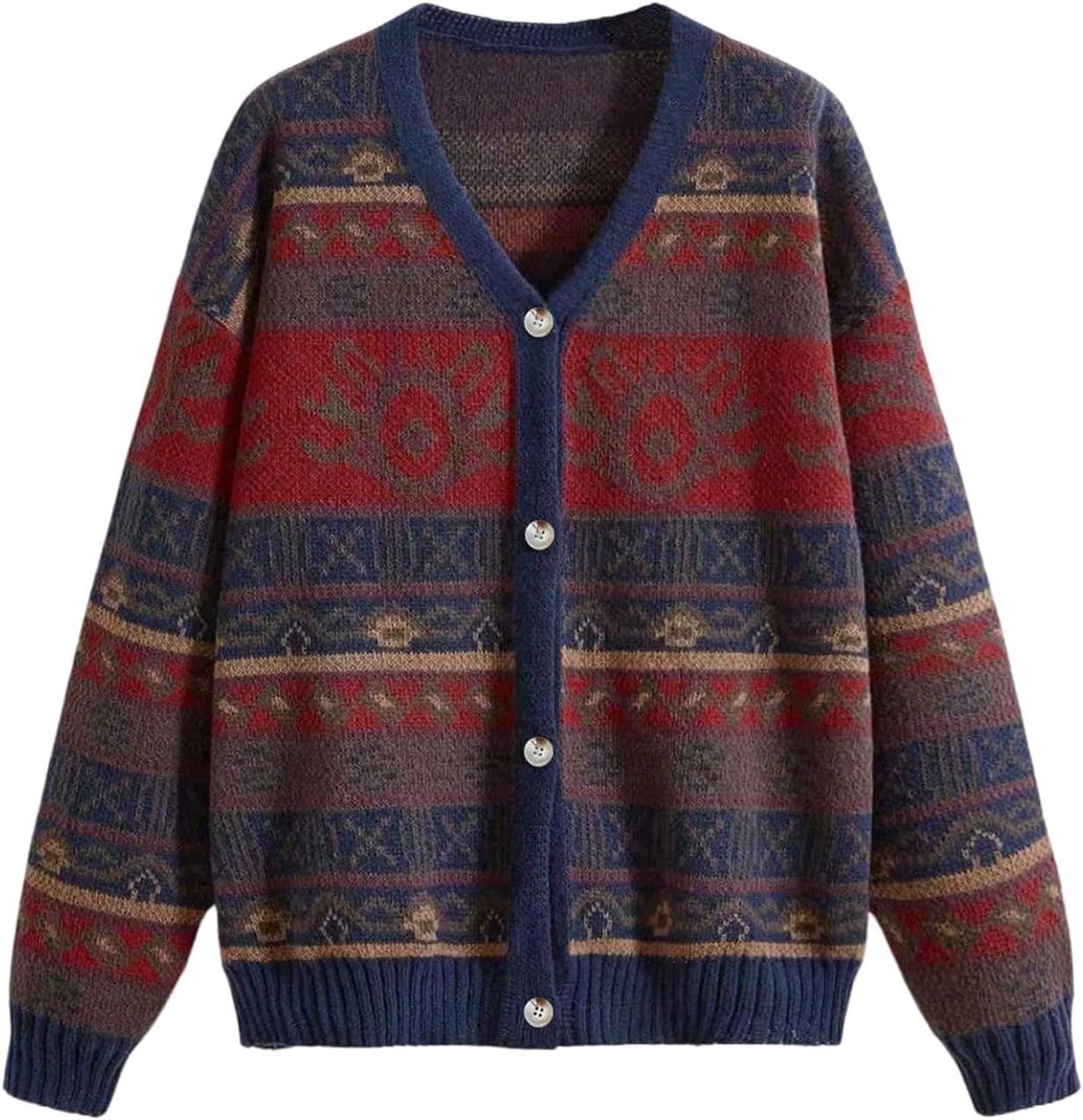 Women's Plus Size Boho Printed Cardigan Sweaters Button Up V Neck Long Sleeve Grunge Punk Knit Tops Hippie Outerwear