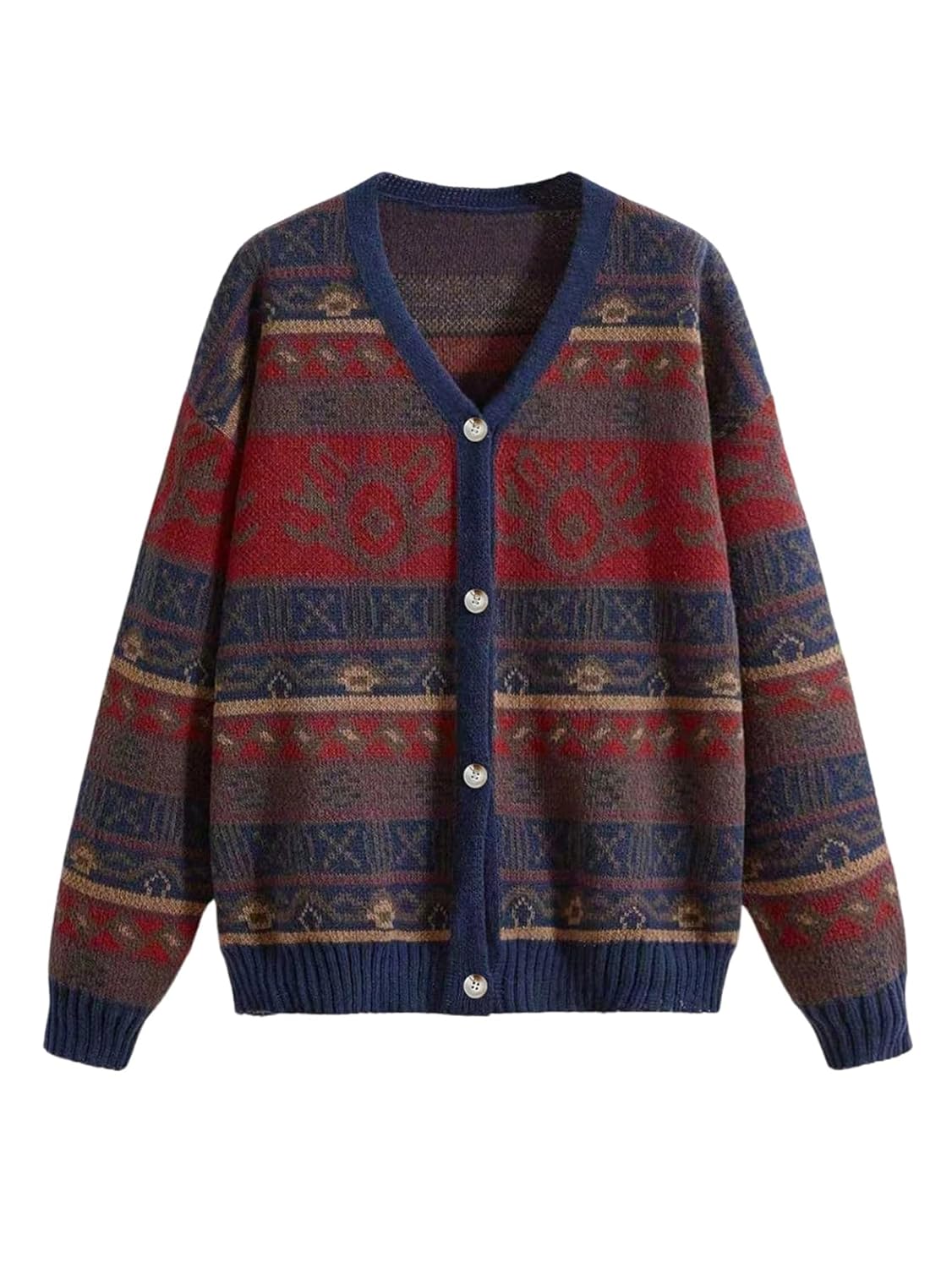 Womens Geometric Graphic Cardigan Sweaters Vintage Button Down Long Sleeve V Neck Knitted Outerwear