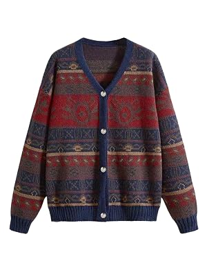 Womens Geometric Graphic Cardigan Sweaters Vintage Button Down Long Sleeve V Neck Knitted Outerwear