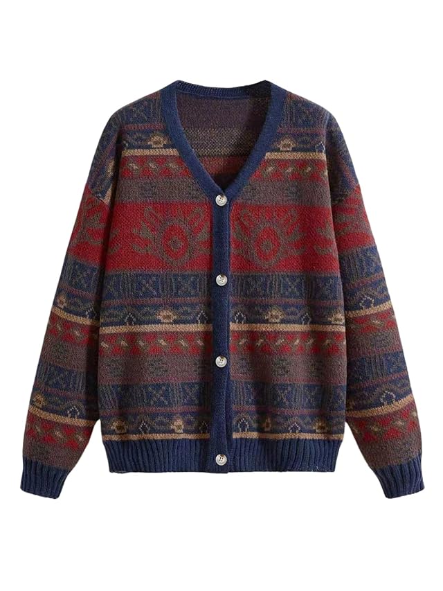 Womens Geometric Graphic Cardigan Sweaters Vintage Button Down Long Sleeve V Neck Knitted Outerwear