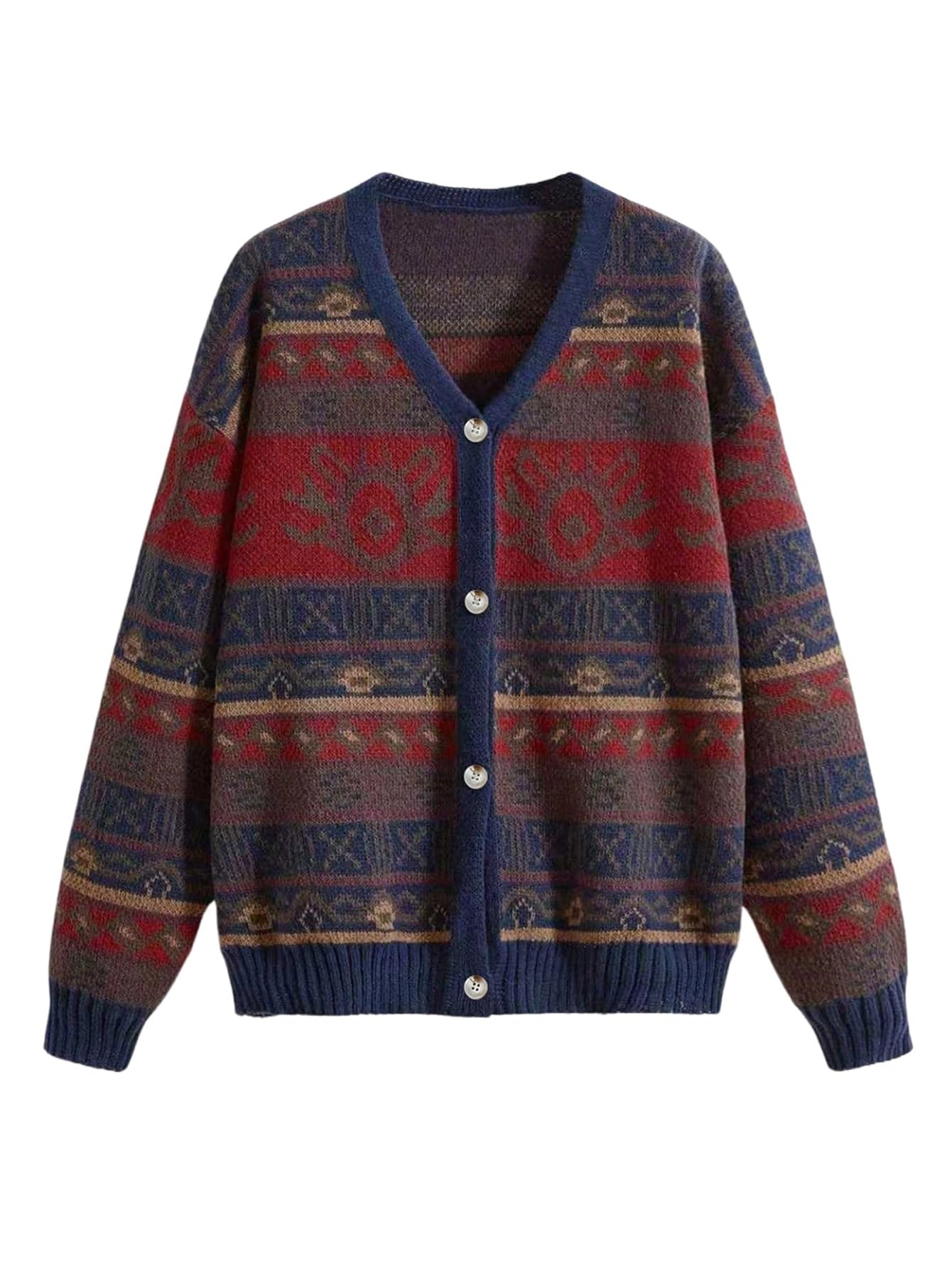 Womens Geometric Graphic Cardigan Sweaters Vintage Button Down Long Sleeve V Neck Knitted Outerwear