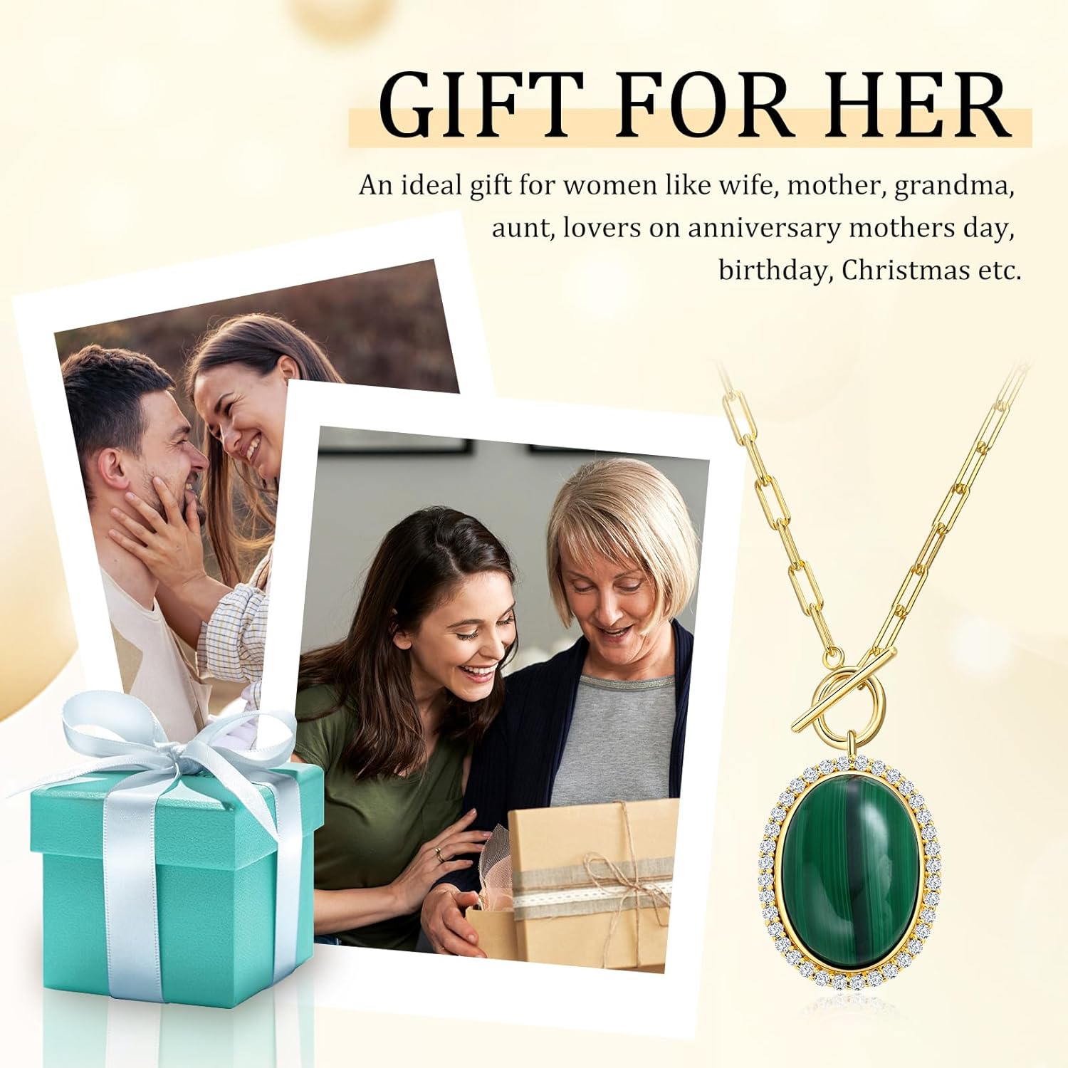 AIBAO Large Oval Turquoise/Coral/Malachite Halo Necklaces for Women 10-12 Carat Natural Gemstone Necklace Rhodium Plated Sterling Silver Statement Necklace with Toggle Clasp - Image 7