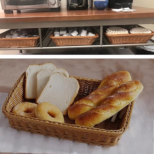 Miniatura 7 de Paquete de 3 cestas de pan de mimbre de poliéster, cesta tejida hecha a mano de 16, 14 y 12 pulgadas, organizador de mesa, cestas de servir para el