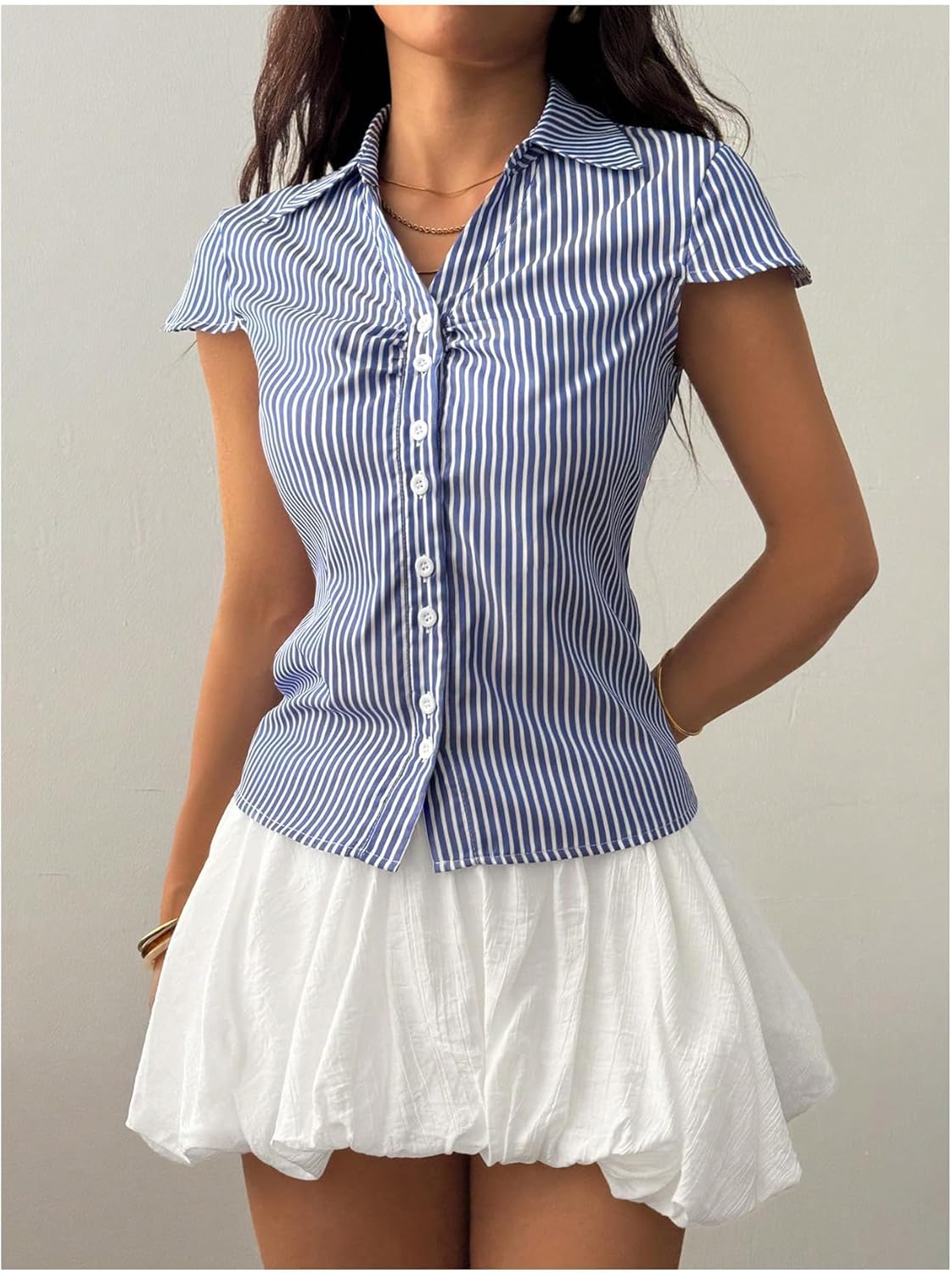 GORGLITTER Women's Striped Fitted Button Up Shirt Cropped Ruched Cap Sleeve Collar Work Office Blouse Dressy Tops - Image 3