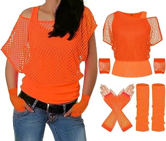 ELFIN 80s 90s Outfit Women's Mesh Shirt Tank Top Leg Warmers Mesh Gloves 80s Mesh Top Women's Tops Neon Shirt 80s Costume Aerobics Clothing Theme Party Accessories Party Carnival