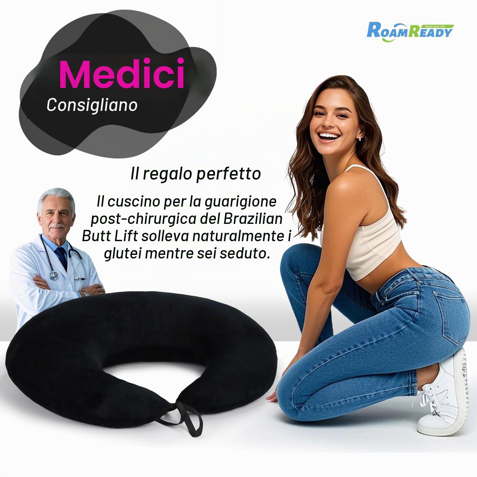 BBL Cuscino Dopo Chirurgia Per Seduto Seduto | Cuscino per emorroidi a ciambella, supporto per i fianchi, in cotone, BBL, per il recupero post-operatorio (nero)