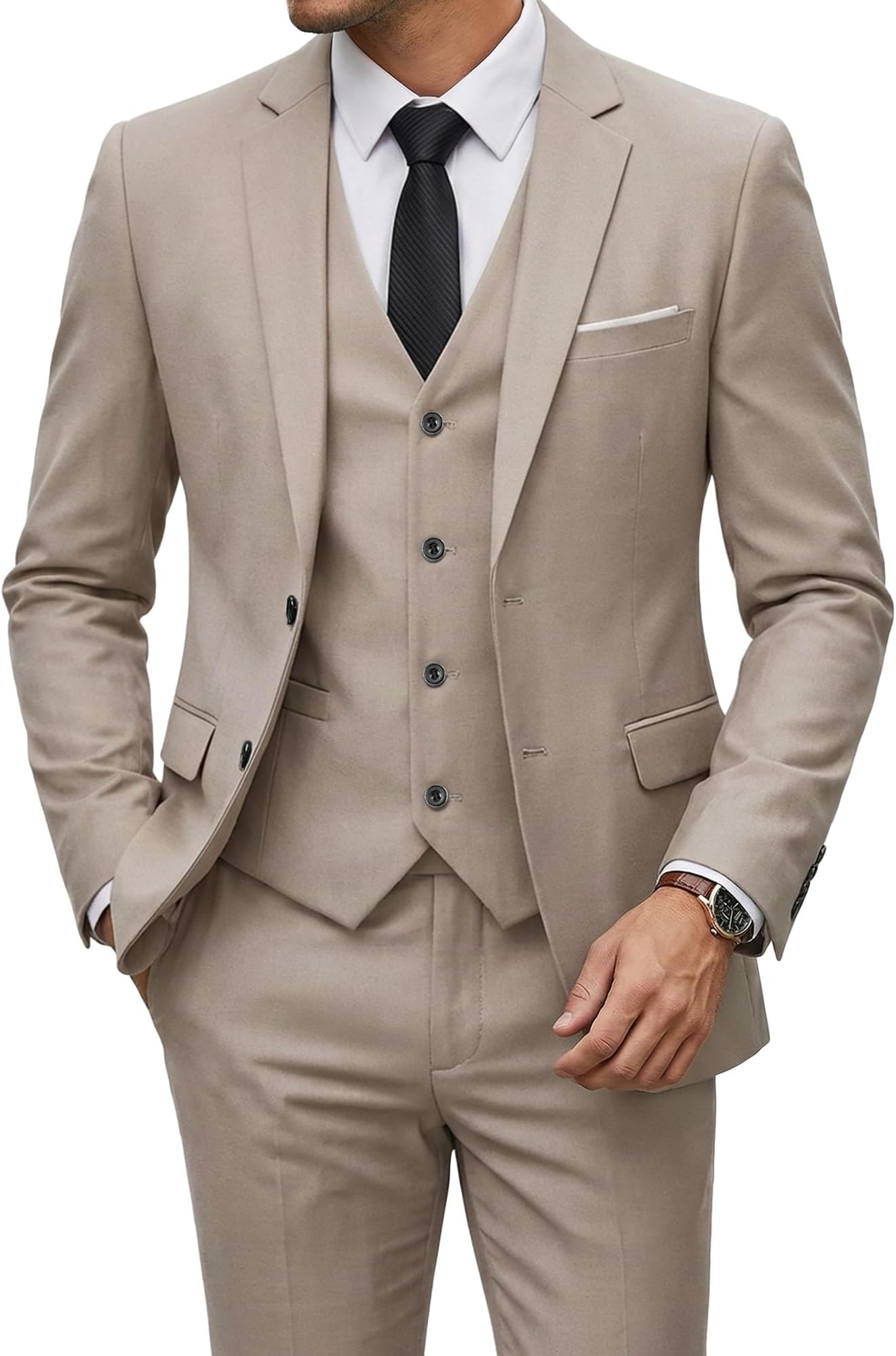 Men's 3 Pieces Suit, Solid Slim Fit Two Buttons Blazer Set, Jacket Vest Pants with Tie for Wedding Party Business