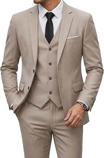 MrSure Mens 3 Pieces Suit, Solid Slim Fit Two Buttons Blazer Set, Jacket Vest Pants with Tie for Wedding Party Business