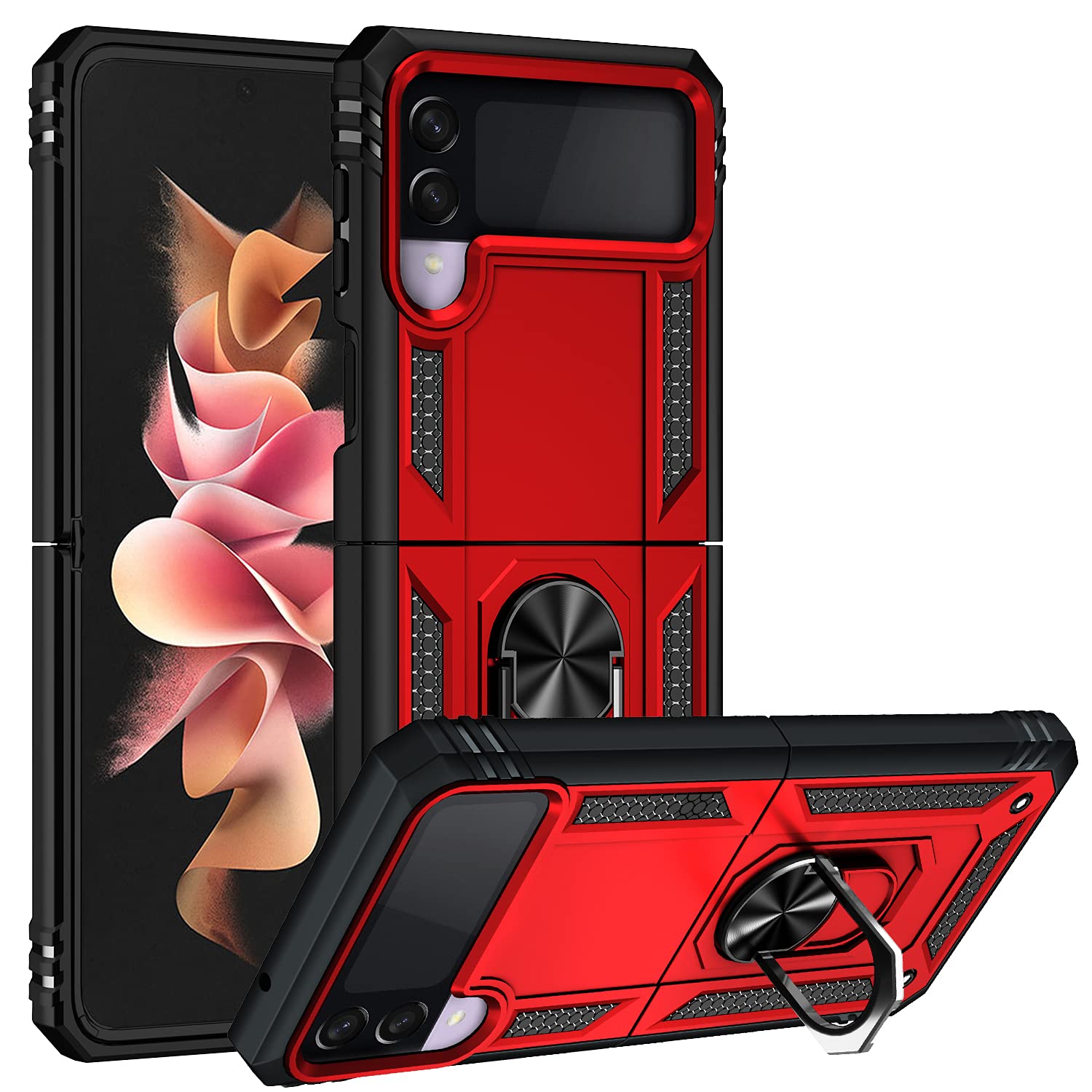 2NDSPRlNGCase for Samsung Galaxy Z Flip 3 5G,Ring Holder Protective Silicone Shockproof Tough Armor Hard Phone Cover,Red