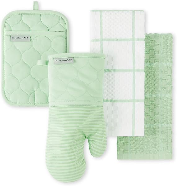 KITCHENAID Quilted Cotton Terry Cloth Oven Mitt, Pot Holder, Kitchen Towel 4-Pack Set, Heat Resistant, Silicone Grip, 16"x26", 7"x13" & 7"x10", Pistachio