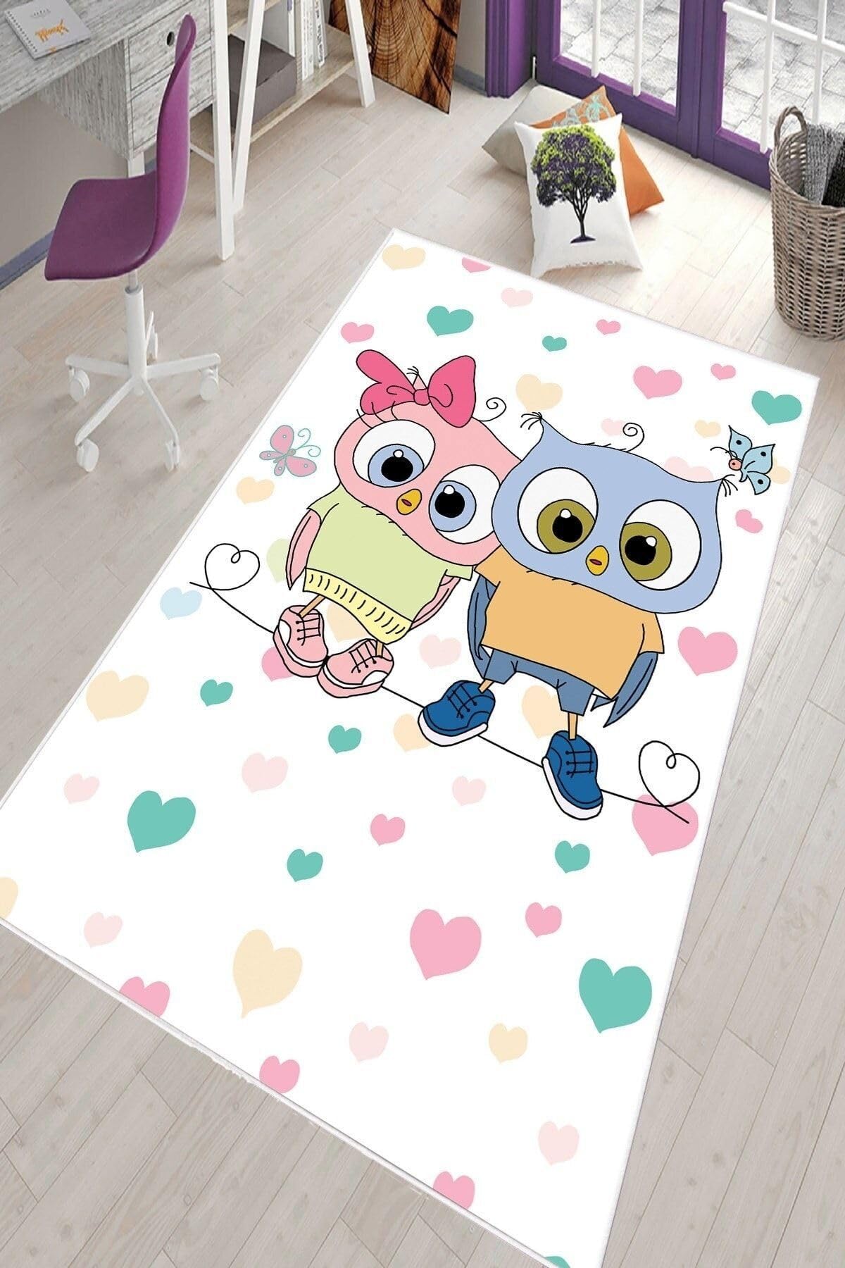 Pelangi Beyaz Kalp Ve Kuş Deseni Yıkanabilir Kaymaz Taban Leke Tutmazbebek Ve Çocuk Odası Halısı, Beyaz-Mavi 120 x 160, 901357098120160