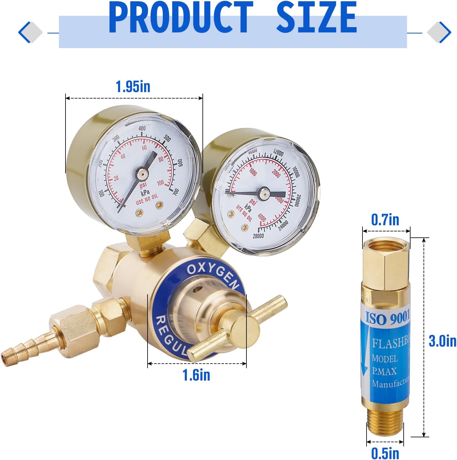 Oxygen and Acetylene Regulator Welding Gas Gauges Pair, Compatible with Victor Welding Gas Torch Cutting (CGA540 and CGA200) + Flashback Arrestors Regulator End 9/16-18 Threads B Size
