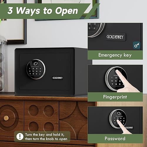 Miniatura 4 de Caja fuerte de lujo Goldenkey para el hogar con bloqueo por huella dactilar y teclado para documentos, caja fuerte con forro de terciopelo suave,