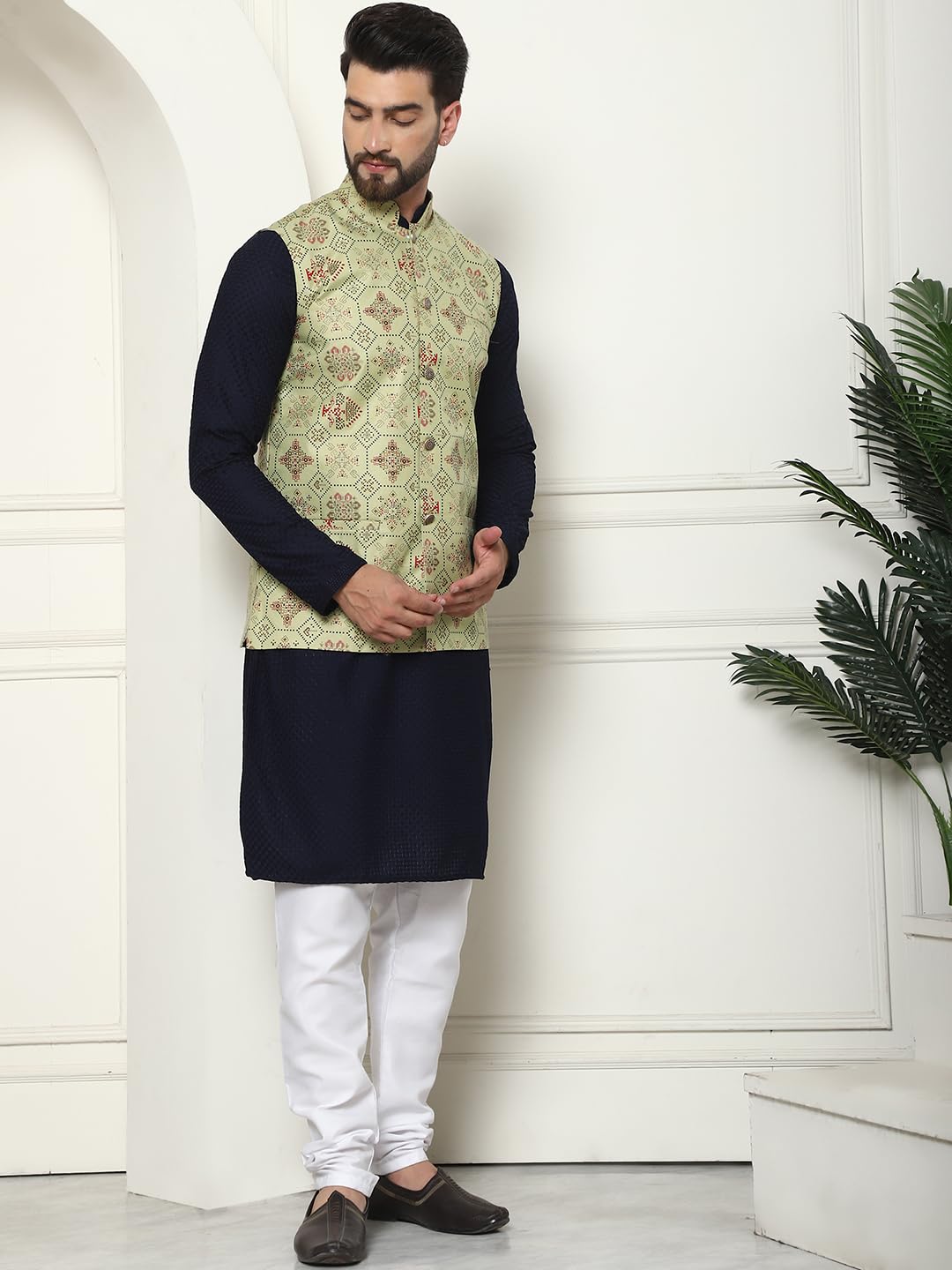 Sojanya (Since 1958 Men's Pure Cotton Navy Kurta And White Pyjama With Printed Pista Green Nehru Jacket