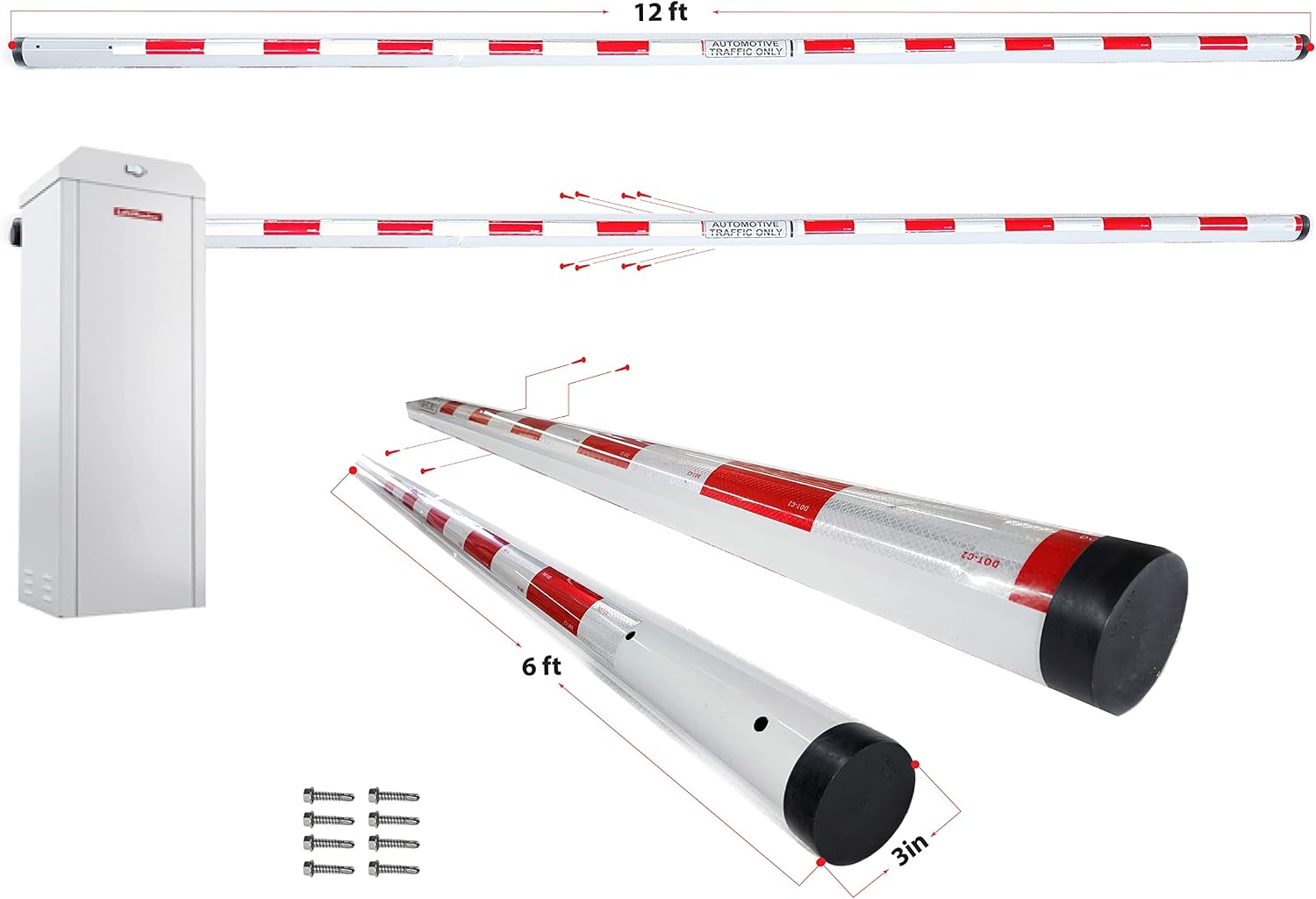 Parking Barrier Arm 12ft 2 Pieces X 6 ft Aluminum Round Replacement Arm for Gate Operator DOT-C2 Reflective Safety Tape (with Red/Silver Stripes)
