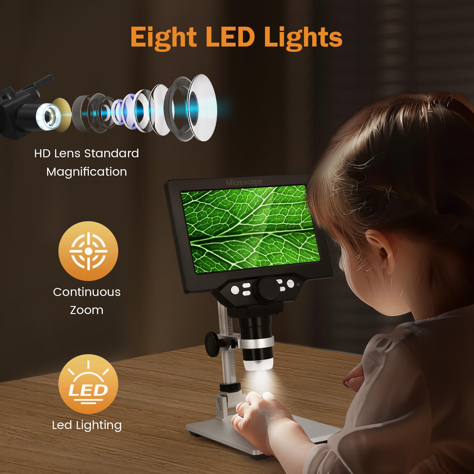 Digital Mikroskop 7-Zoll, 1080P 3000mAh USB Mikroskop Kinder, FHD-Videoaufzeichnung, 1200X Auflösung, 8 Einstellbare LED-Beleuchtungen für Erwachsene/Kinder