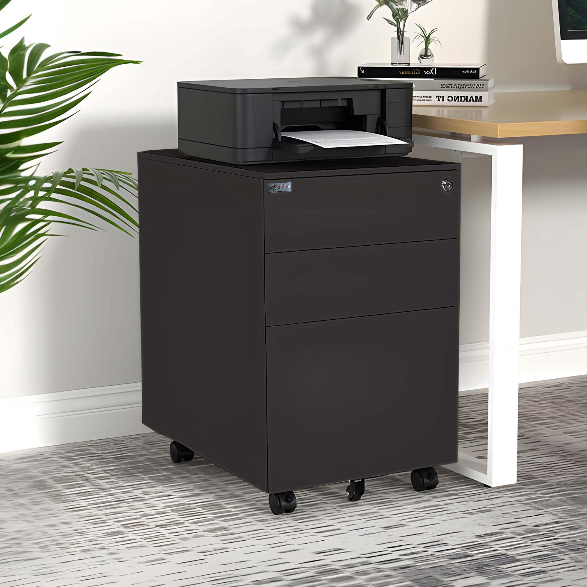 Rollcontainer abschließbar mit Schubladen 39x50x60 cm - mit 5 Rollen und Hängeregistratur - Aktenschrank Bürocontainer Standcontainer Büroschrank Rollschrank Schubladenkommode Schwarz