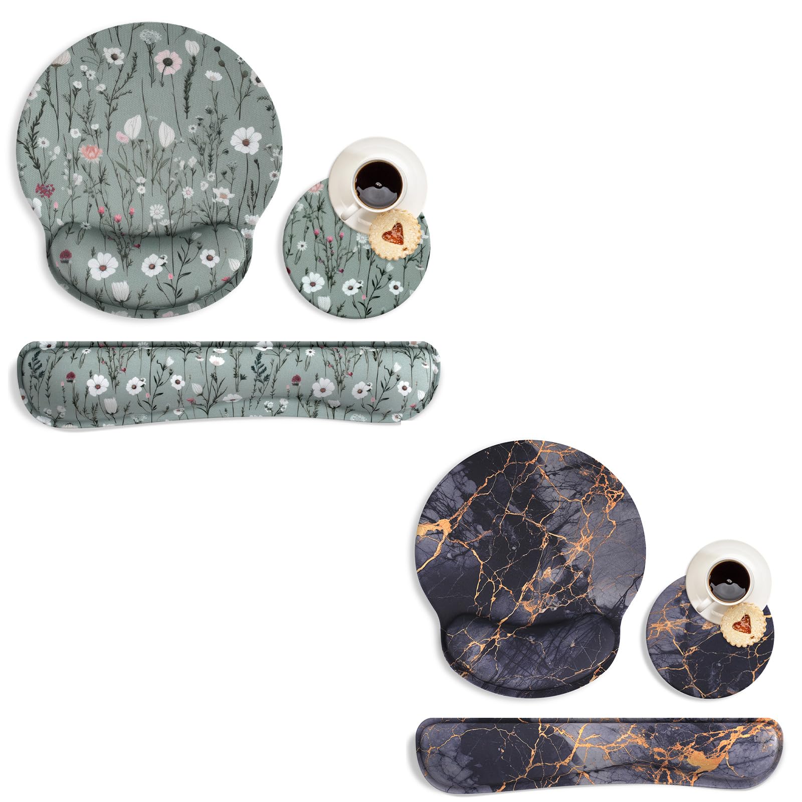 MOLNESO 2 Set Mouse Pad and Keyboard Wrist Rest, Green Floral Mouse Pad with Wrist Rest and Keyboard Pad, Black Marble Memory Foam Keyboard Wrist Rest and Mouse Pad Set