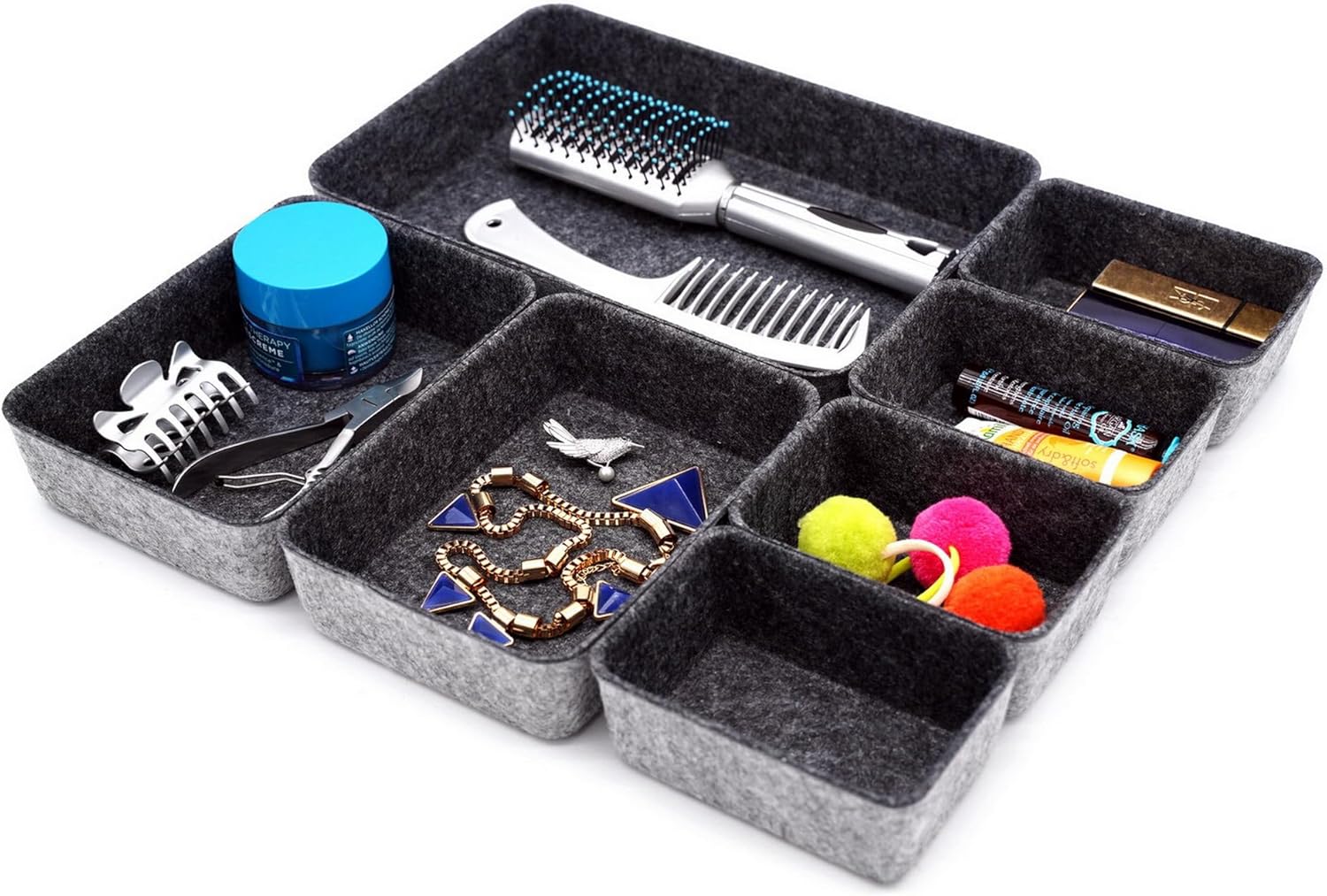 Welaxy Drawer organizers tray felt storage bin office Shallow Small Desk box Draw dividers stylish interior room decor 7-piece (Charcoal)