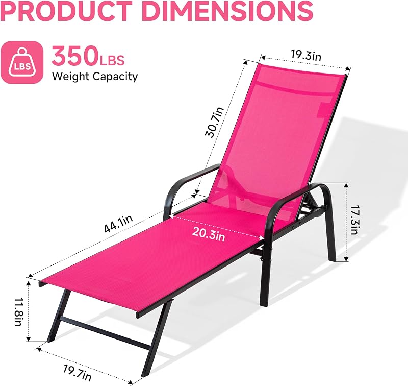 NEWBULIG Outdoor Lounge Chair for Pool,with 5-Position Recliner, 350 lbs Heavy Duty Patio Pool Chair, Outdoor Sun Chairs with Metal Frame for Backyard, Deck, Pink image 3
