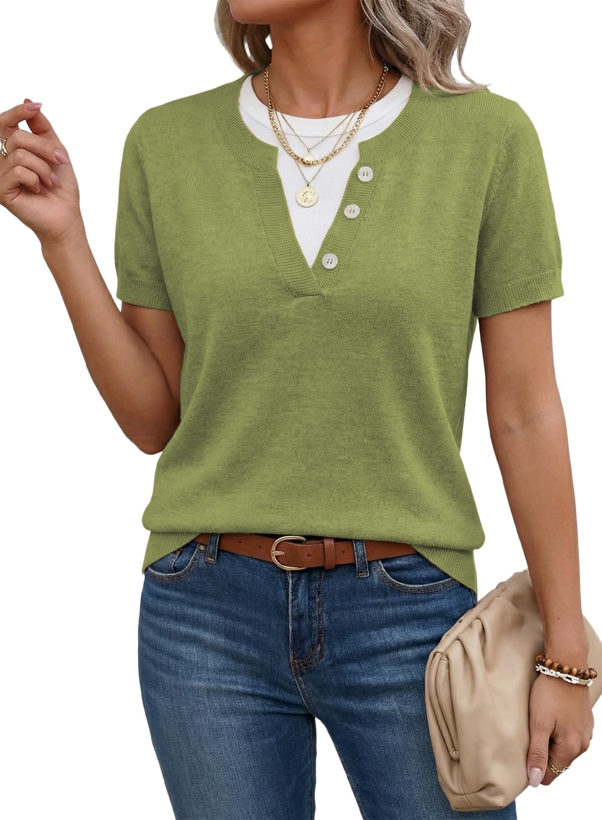 Womens Sweaters Short Sleeve Color Block Tops Lightweight Summer Spring Shirts Business Casual Pullovers-image-38