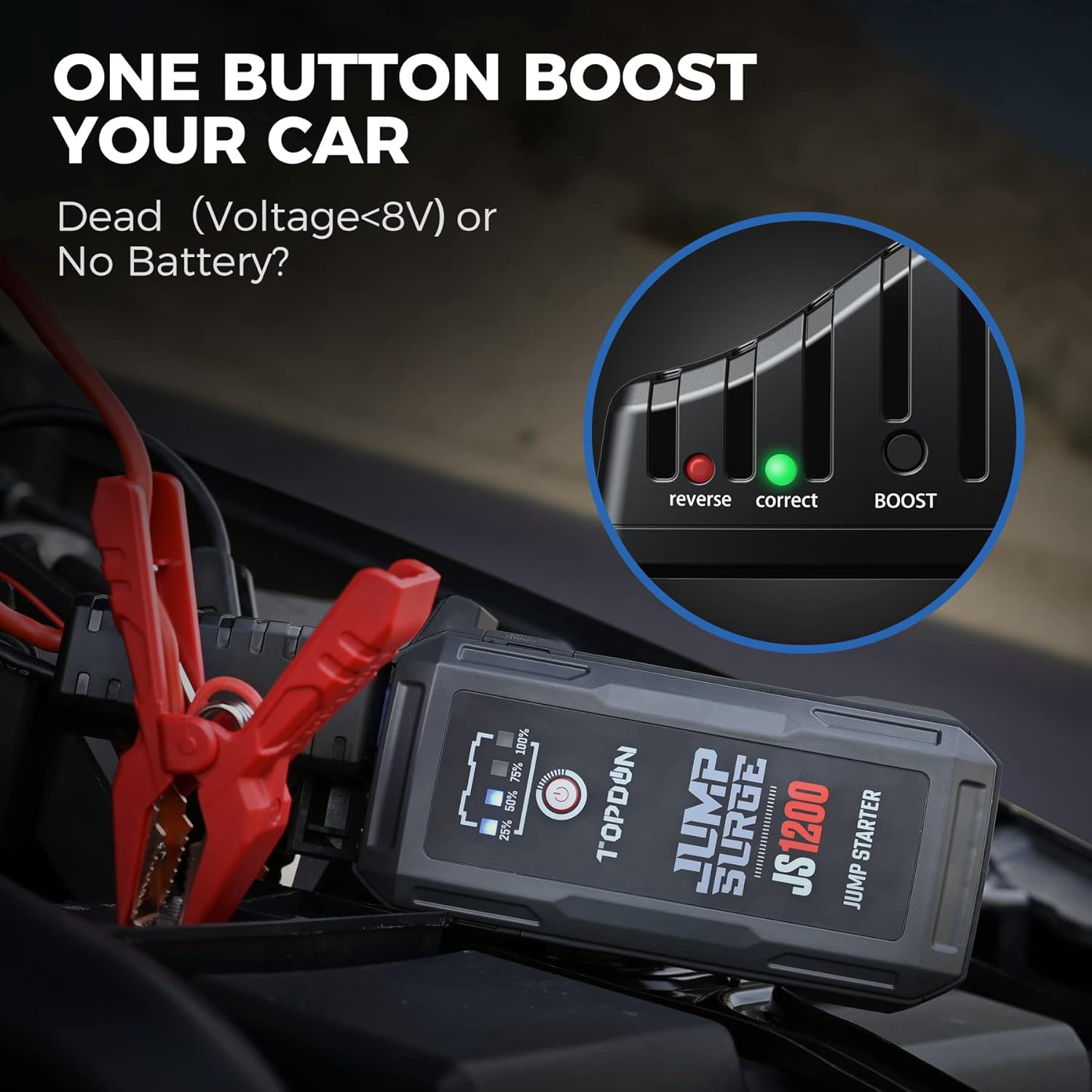 Jump Starter Car Battery Charger-TOPDON JUMPSURGE1200 12V Car Starter Lithium Battery Booster, Jumper (Up to 6.5L Gas, 4.0L Diesel) with Smart Clamp Cables, USB Quick Charge, LED Flashlight Peak 1200A : Automotive