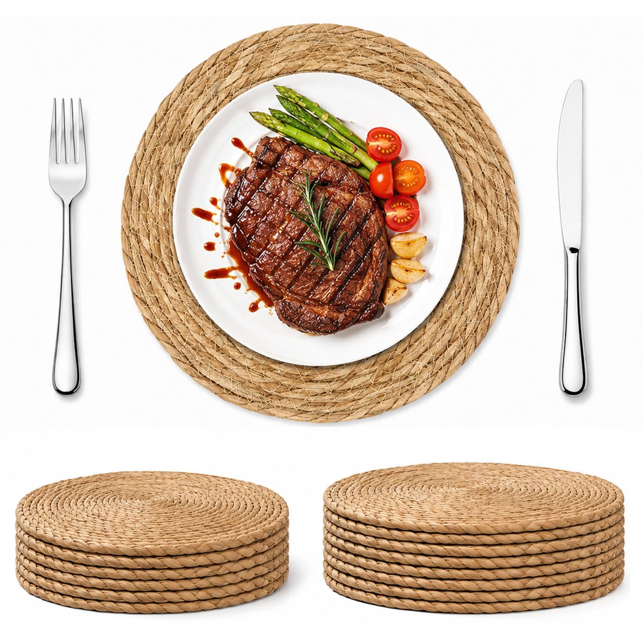Round Woven Placemats – Handwoven Natural Water Hyacinth, Heat Resistant & Durable, Eco-Friendly Braided Table Mats for Dining Table & Home Decor (6 Pack, 30cm)