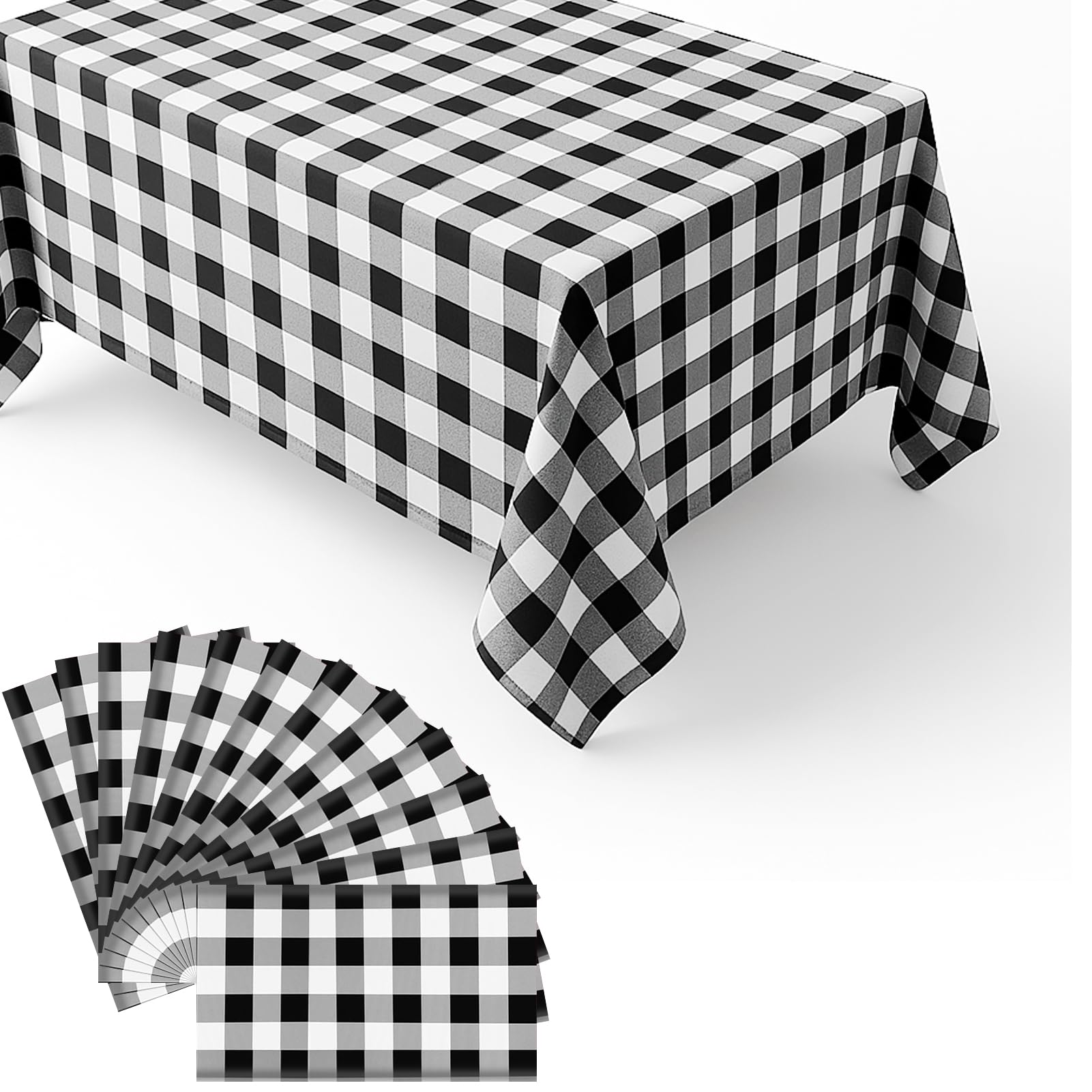 12 Packs Gingham Tablecloth Black and White Checkered Tablecloths 54 x 108 Inches Disposable Plastic Gingham Tablecovers Waterproof Rectangle Picnic Table Covers for Birthday Party Supplies