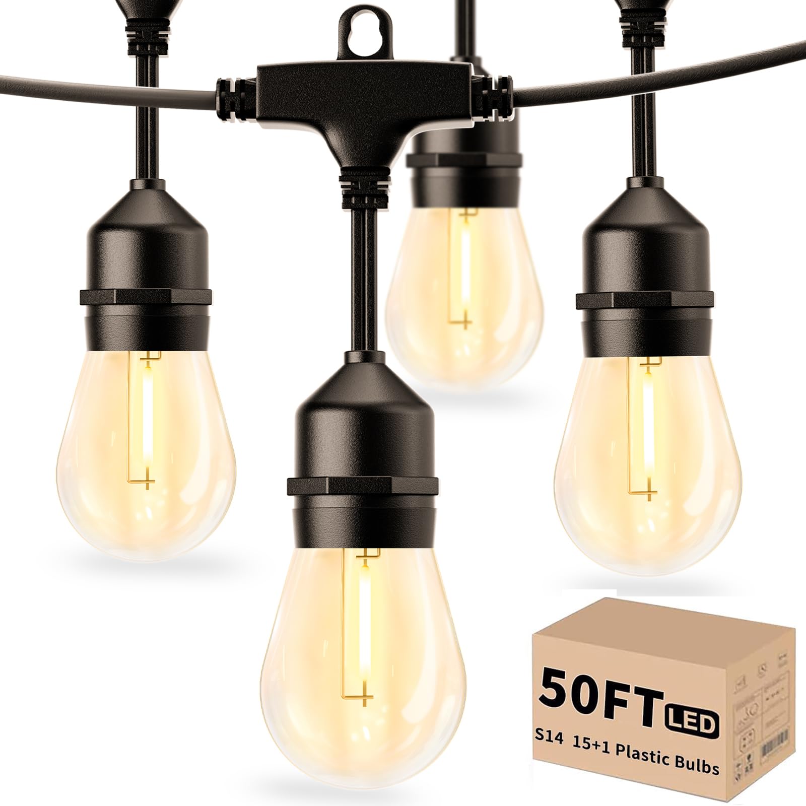 Svater Outdoor String Lights LED 14m, S14 Festoon Lights Mains Powered with 1W Plastic Bulbs, IP65 Waterproof Garden String Light for Patio Party Wedding, 2700K Warm White