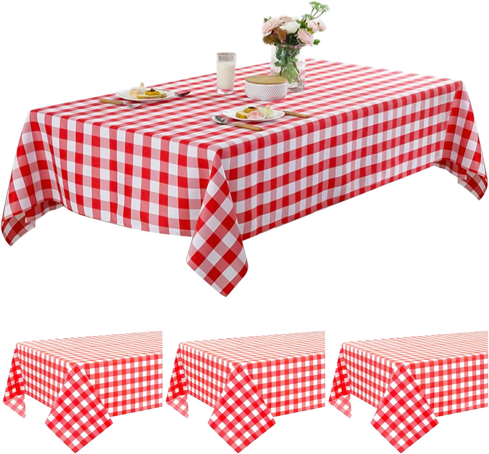 Cisolen Pack of 4 Disposable Tablecloth, Red and White Gingham Check Tablecloth, 130 cm x 220 cm, Rectangular Tablecloth for Party, Christmas, Wedding, Picnic, Birthday, Halloween Decorations