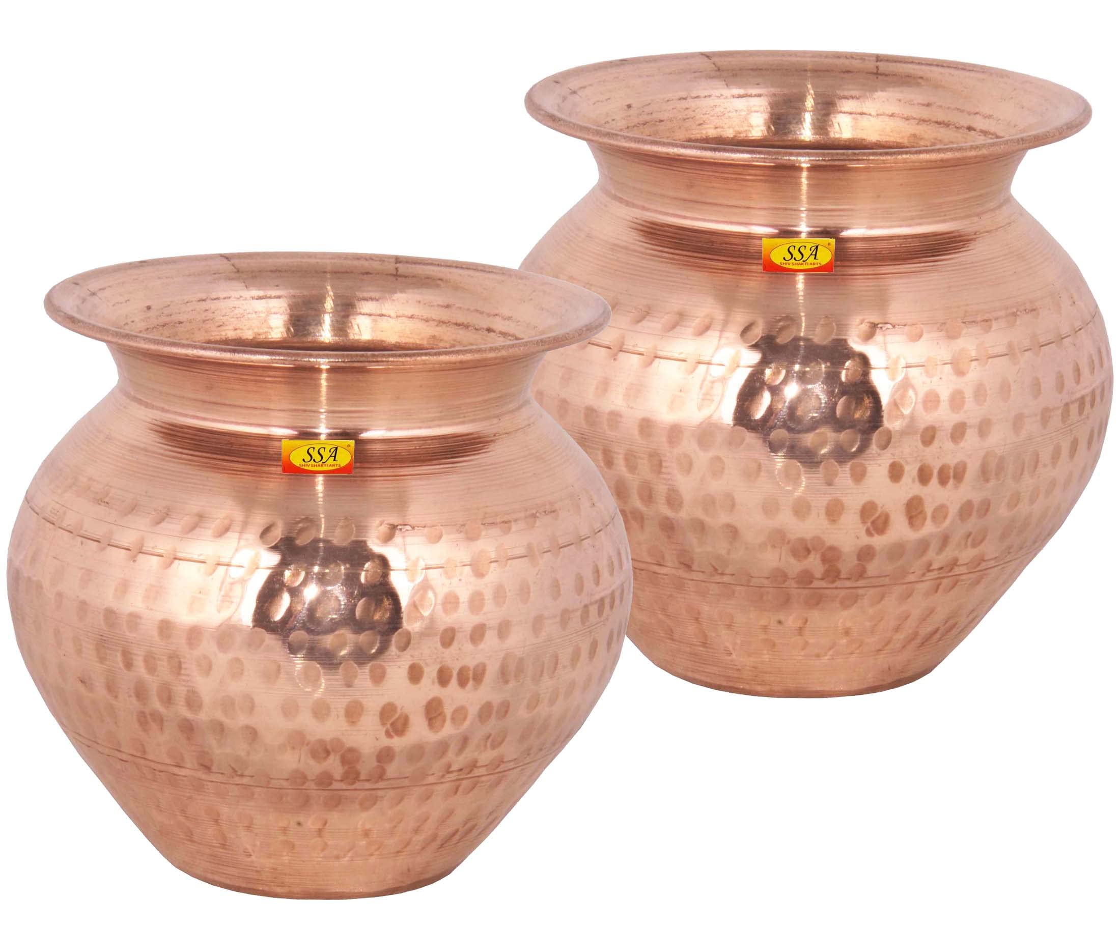 SHIV SHAKTI ARTS® 100% Pure Copper Pot | Kalash | Lota for Puja, Yoga Aayurveda for Good Health Benefit (Big - Hammer Design, Volume - 1000 ML) - 2 Piece.