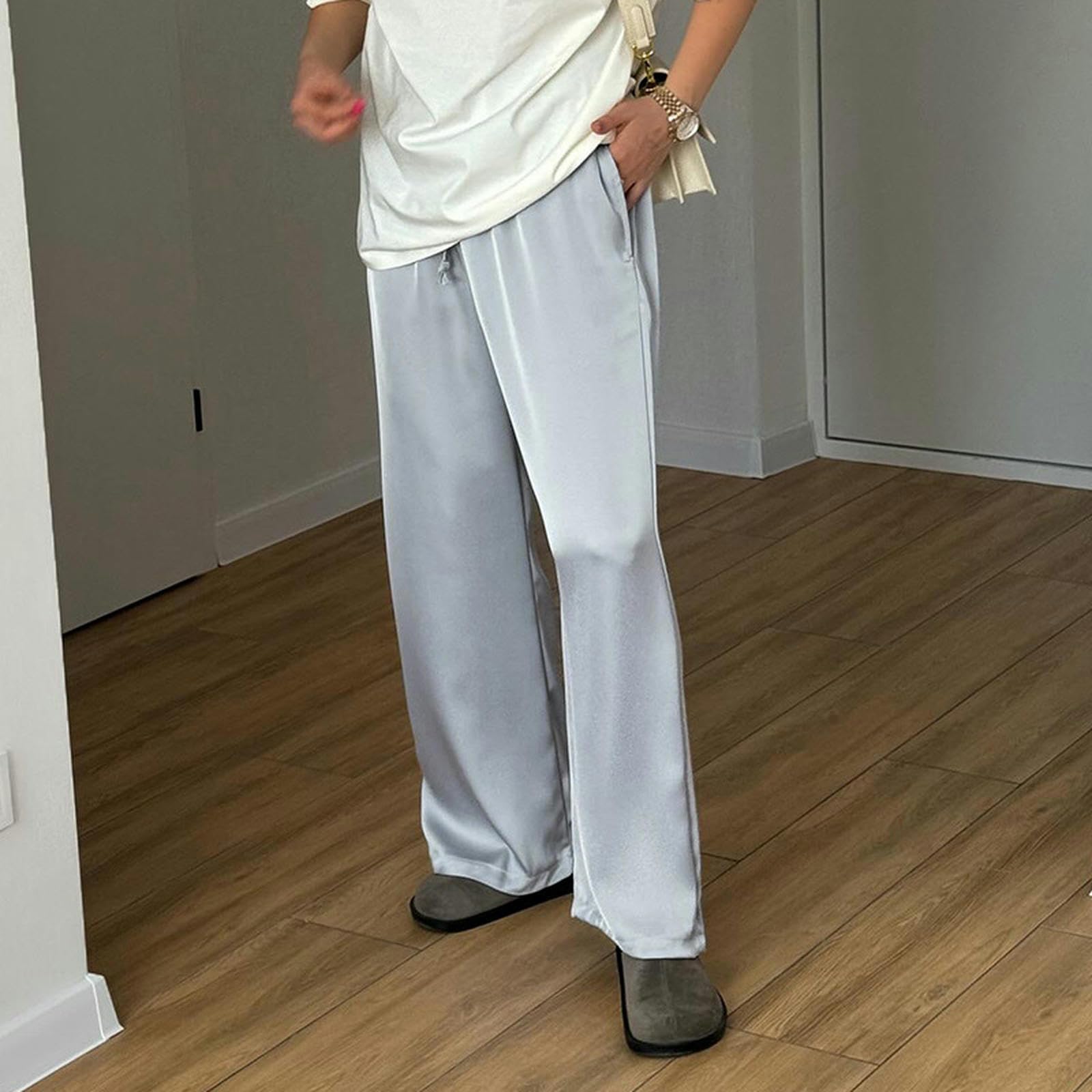 Pantaloni Street Style Americani in Maglia Leggera e Morbida Pantaloni Dritti Basic a Vita Bassa con Coulisse-Bianco Sporco-M